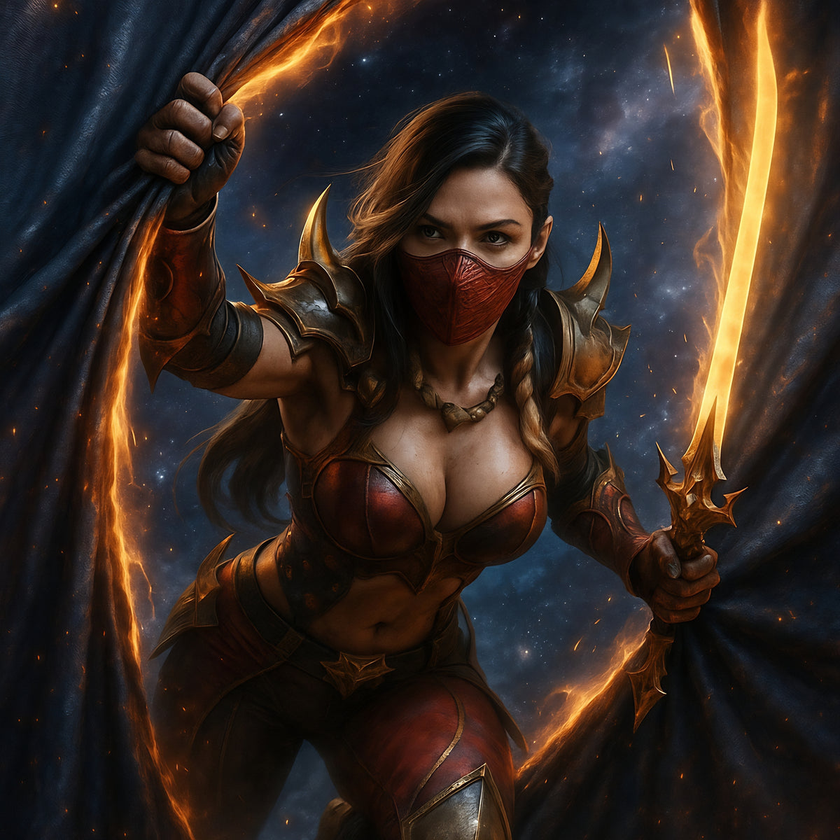 A stylized fantasy illustration of a female warrior in red armor and a red face mask, holding glowing orange flames or light on both sides while pulling open a dark blue-black curtain against a starry space background.